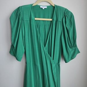 SUNCOO Paris Vibrant Green Cibel Midi Wrap Dress Size Puff Short Sleeve T1 -S
